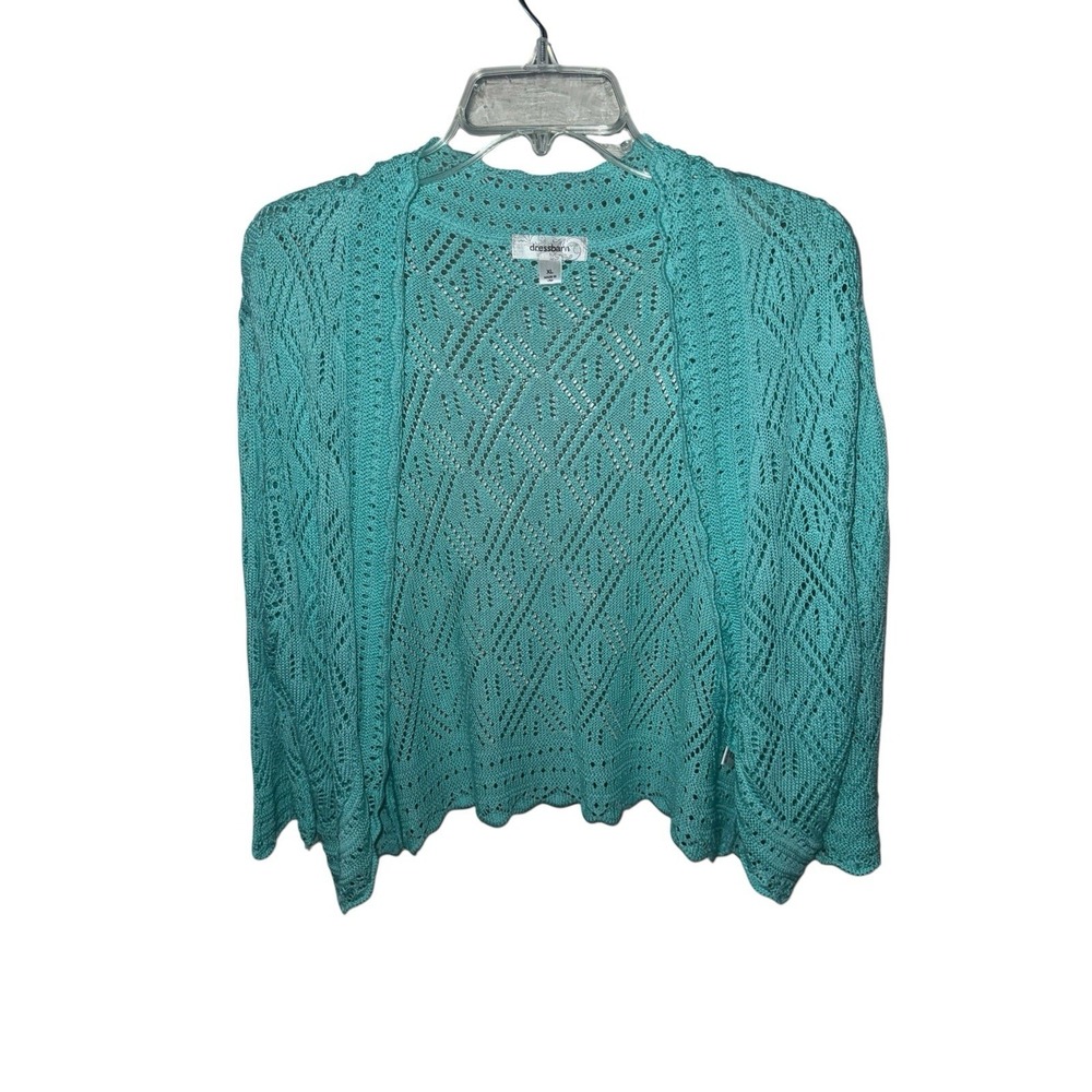 Dressbarn XL Aqua Cropped Pointelle Cardigan Open Front Lightweight Sweater